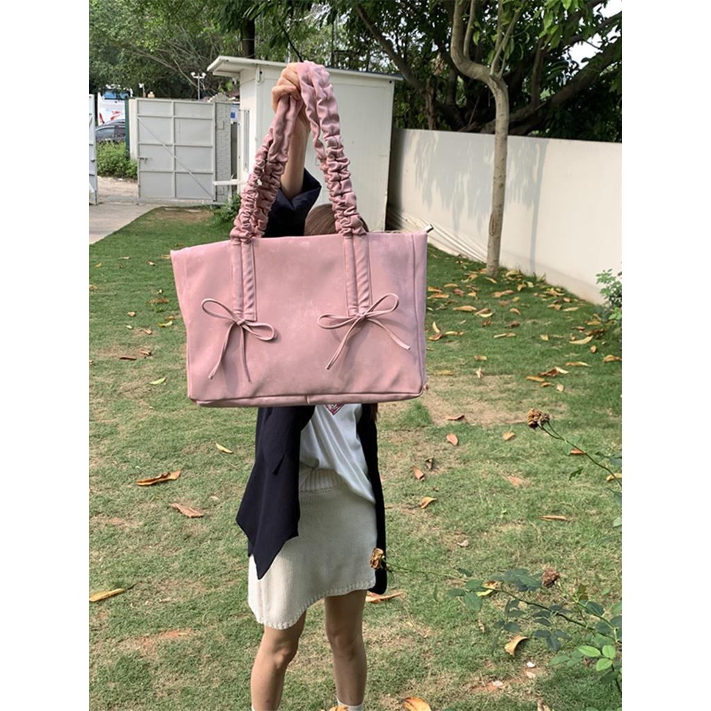 Pleated Bow Bag Women's Trendy Fashion Tote Bag Large Capacity Cloth Bag