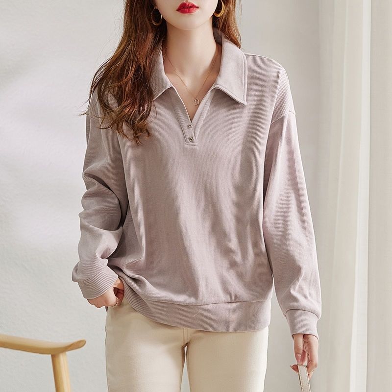 Cotton Collar Loose Long Sleeved Sweatshirt for Women In Spring and Autumn POLO Collar Design for Women's Clothing