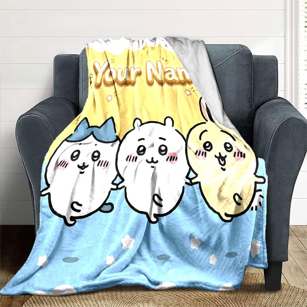 1pc Chiikawa Blanket with Custom Name, Gift, for Men and Women, Soft Blanket, Good for Sofa Bed Couch Travel, Lightweight Flannel Blanket