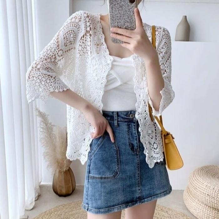 Summer Shawl Cardigan womenThin Hollow Knit Coat Short Blouse Sunscreen Shirt