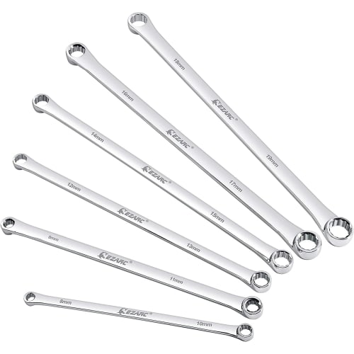 EZARC Extra Long Straight Open-End Wrench Set, Mirror Finish, Metric, 6-Piece Set, with Storage Bag