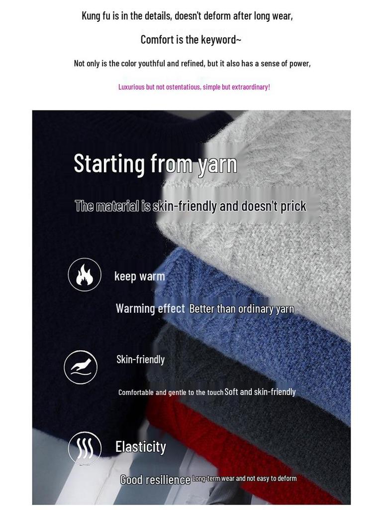 Men's Thick 100% Pure Wool Half-High Collar Knit Cashmere Pullover Sweater for Autumn and Winter