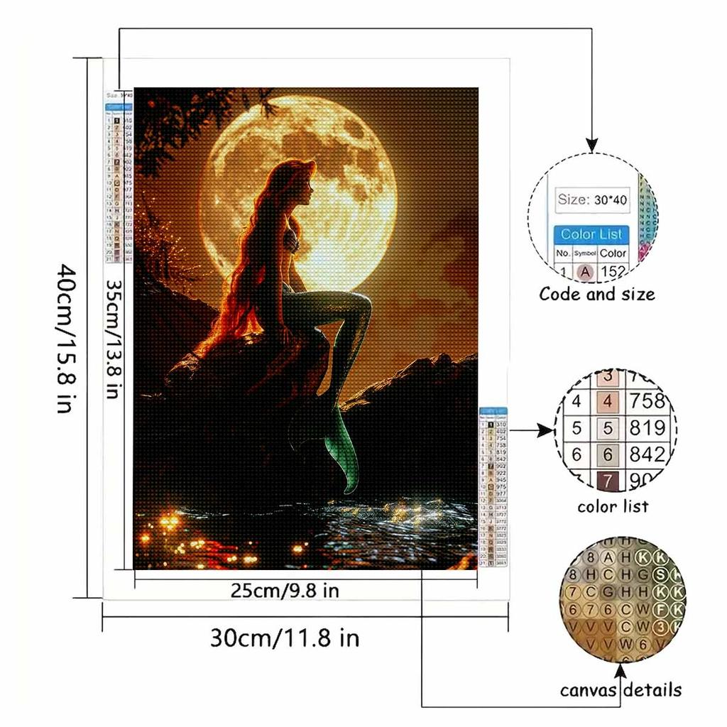 5D DIY Diamond Art Painting Kits for Adults, The Mermaid Under The Moonlight Full Round Crystal Diamond Kits for Beginner for Home Wall Decorate