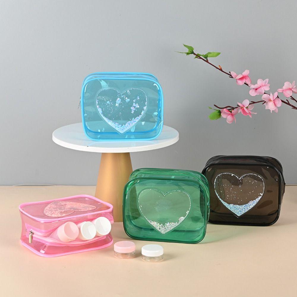 

Heart Pattern Transparent Toiletries Bag Square Cosmetic Bag Durable Makeup Bag pink-heart