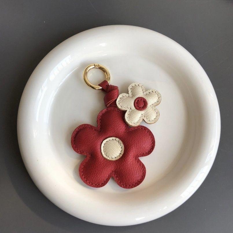 Handmade Red Leather Car Keychain with Large Two-tone Bag Flower Pendant