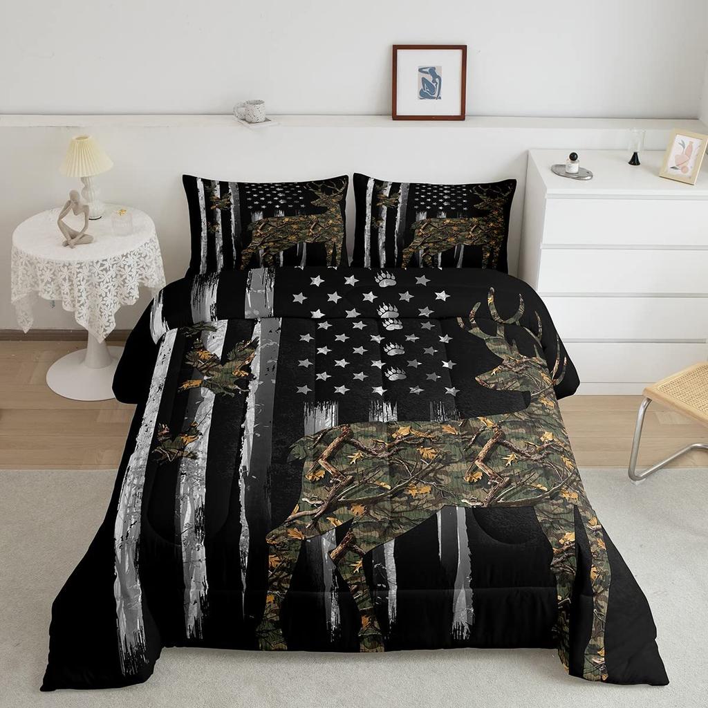 Deer Hunting Bedding Set Queen American Flag Duvet Cover Queen Size For Boys Teens, Room Decor Full Size With 2 Pillowcases