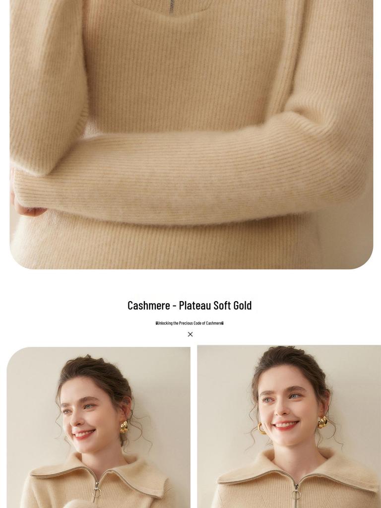 Damen Dick gestrickter Kaschmirpullover - Großer Reverskragen, Polo-Kragen mit halbem Reißverschluss, Vielseitige lockere Passform für Herbst und Winter