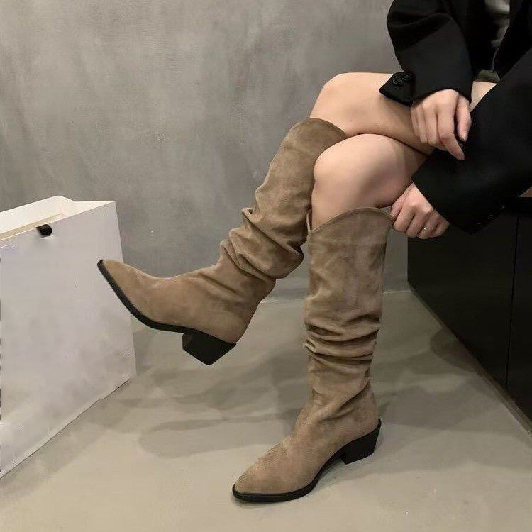 High Boots Women's Boots Stacking Boots Cowboy Boots Summer and Autumn New French Retro Brown Small Boots