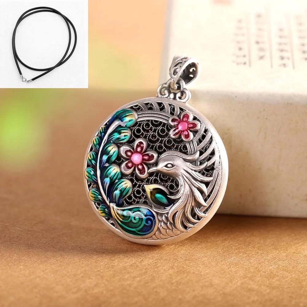 Sterling Silver Phoenix & Plum Blossom Enamel Cloisonné Long Necklace Pendant for Women