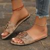 Large size flat bottom one-word embroidered metal buckle slippers women's wear light beach sandals slippers