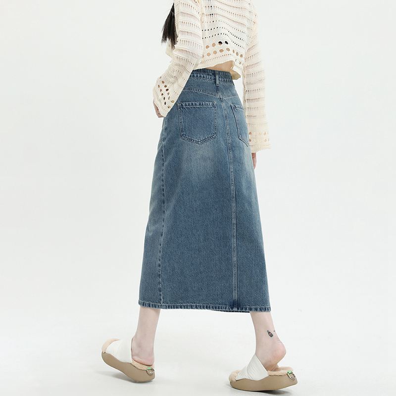 Eleganter Design-Sinn Schlitz-Tasche Damen Vintage Hohe Taille Schlitz Paket Hüfte Mittel Lang A-Linie Vielseitig Bequem Mode Denim Bustier Rock