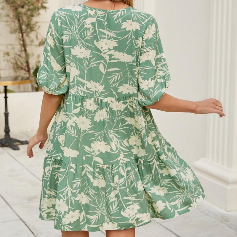 Women's Spring Print V-neck Loose Short-sleeved Dress