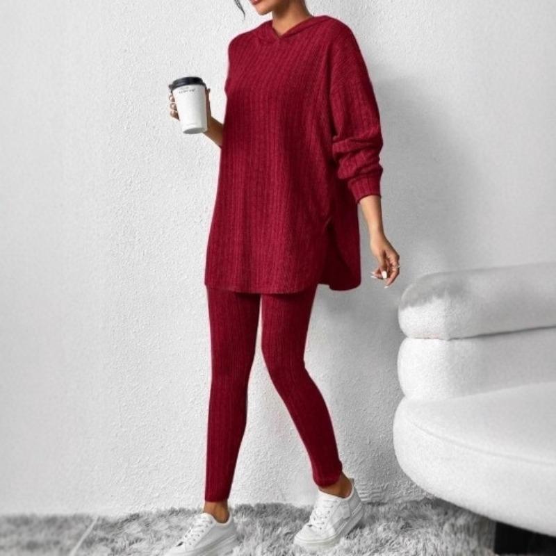 Autumn and Winter Women's Loose Hooded Long Sleeved Casual Pants with Threaded Groove Strip Set