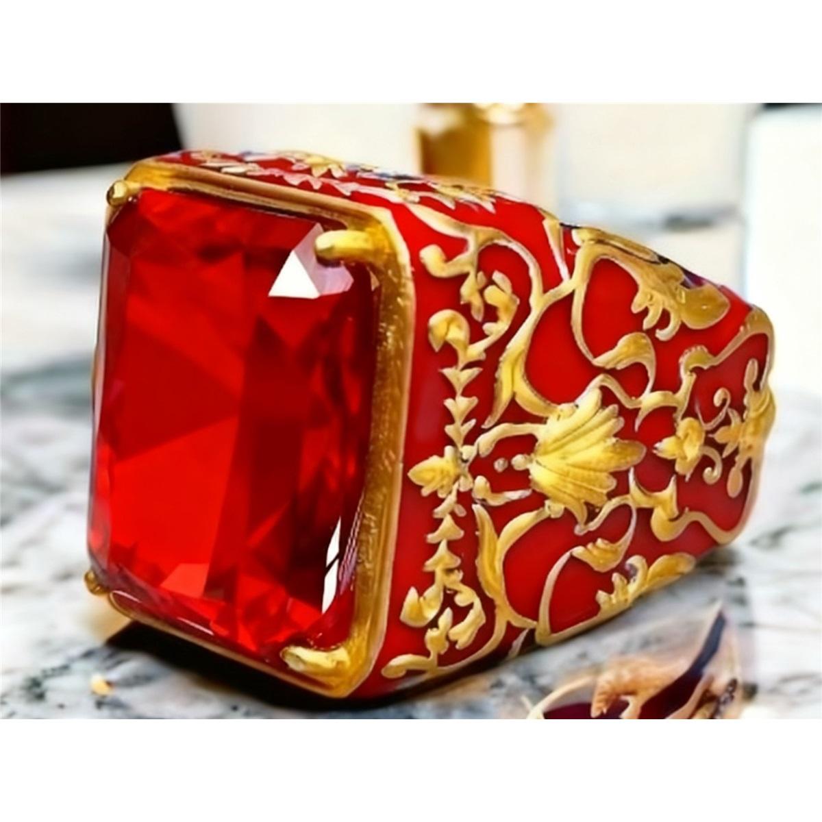 

Vintage Red Crystal Enamel Gold Pattern Ring, Healing Meditation Good Luck Wish Fulfillment Amulet Jewelry for Men Women 9 B
