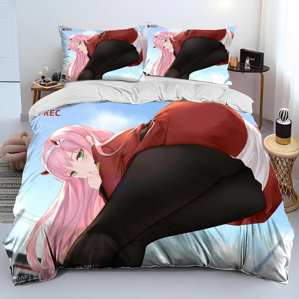 Zero Two DARLING In The FRANXX Anime Comforter Bedding Set,Duvet Cover Bed Set Quilt Cover Pillowcase,Queen Size Bedding Set Kid