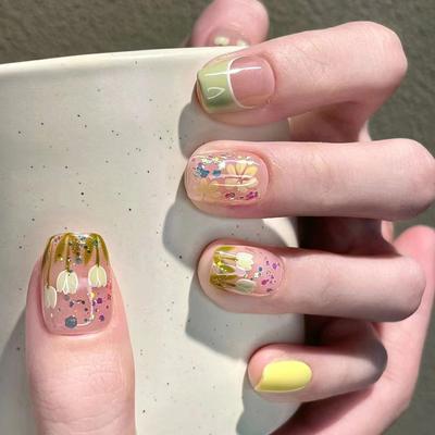 24 Stück Frühling und Sommer Nailart Fortgeschrittener Nagelaufkleber Feiner Glitzer Tragenagel Französisch Abnehmbarer Nagelaufkleber Einfarbig Kurzer Ballerina-Nagel