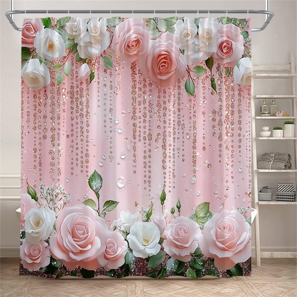 

Рожеві Троянди Квіткові Шторки для Душу Натуральні Зелені Рослини Квіти День Святого Валентина Завіса для Ванної Сучасний Тканинний Декор для Ванної з Гачками 120x180cm-47x70in