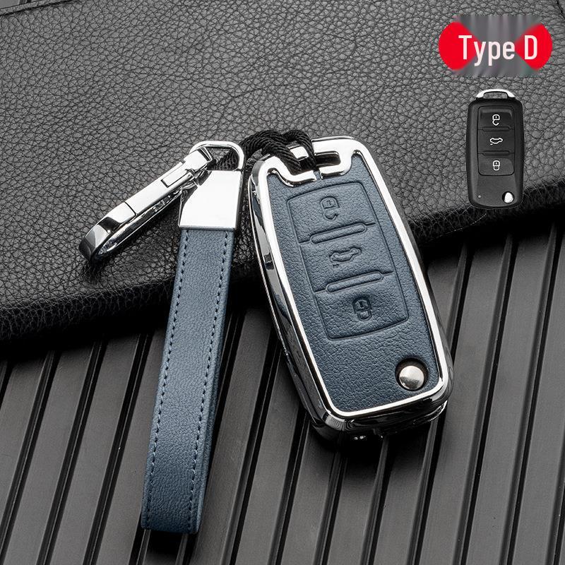 Volkswagen/Skoda Double-Sided Leather Zinc Alloy Car Key Case - Non-Signal Blocking, Full-Wrap Design