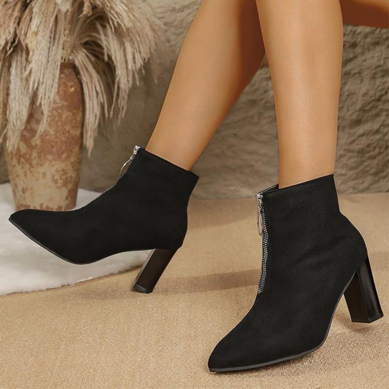 Fashion British Style Round Zipper Ankle Boots Women Autumn Winter 2025 Comfortable Black Faux Suede Boots Pointed Toe Botas Mujer
