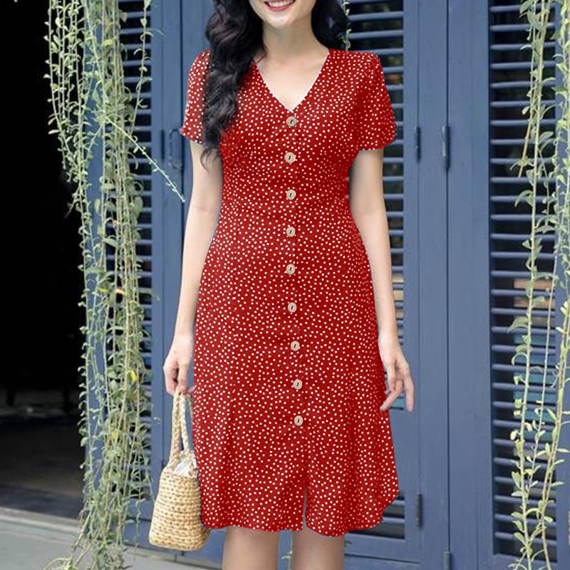 

ZANZEA Женское летнее платье с V-образным вырезом, коротким рукавом, повседневное, с принтом в горошек S красный
