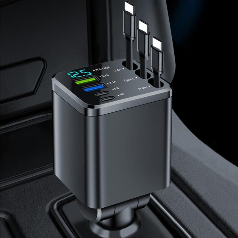 Small Car Charges Retractable 70cm Cable 3 Type C Ports 180 Degree Swivel Head Fast Charging Adapter for Mobile Devices