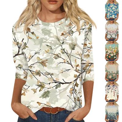 Women's Fashionable Casual Three Quarter Sleeve Printed Collar Pullover Top