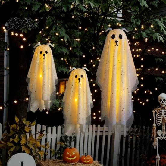 Spooky Atmosphere Home Accents 3 Pcs Lighted Dog Ghost Hanging Ornaments, Halloween Outdoor Flying Haunted House Party Supplies Gauze with LED