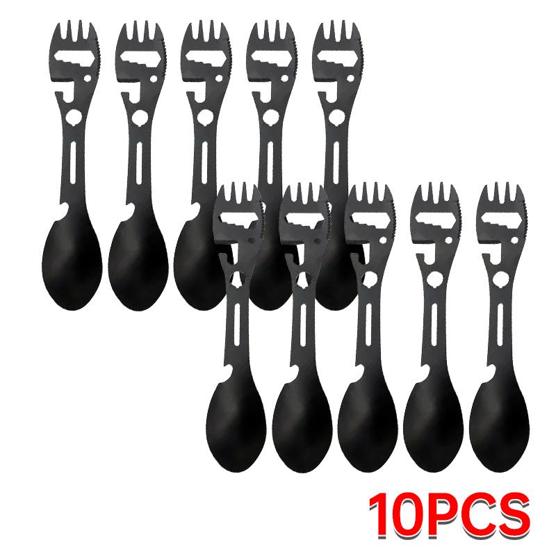 10-in-1 Outdoor Gabel Löffel Multifunktions Geschirr Rostfreies Küchenmesser Gabel Schraubenschlüssel Flaschenöffner Pfeife Camping Zubehör