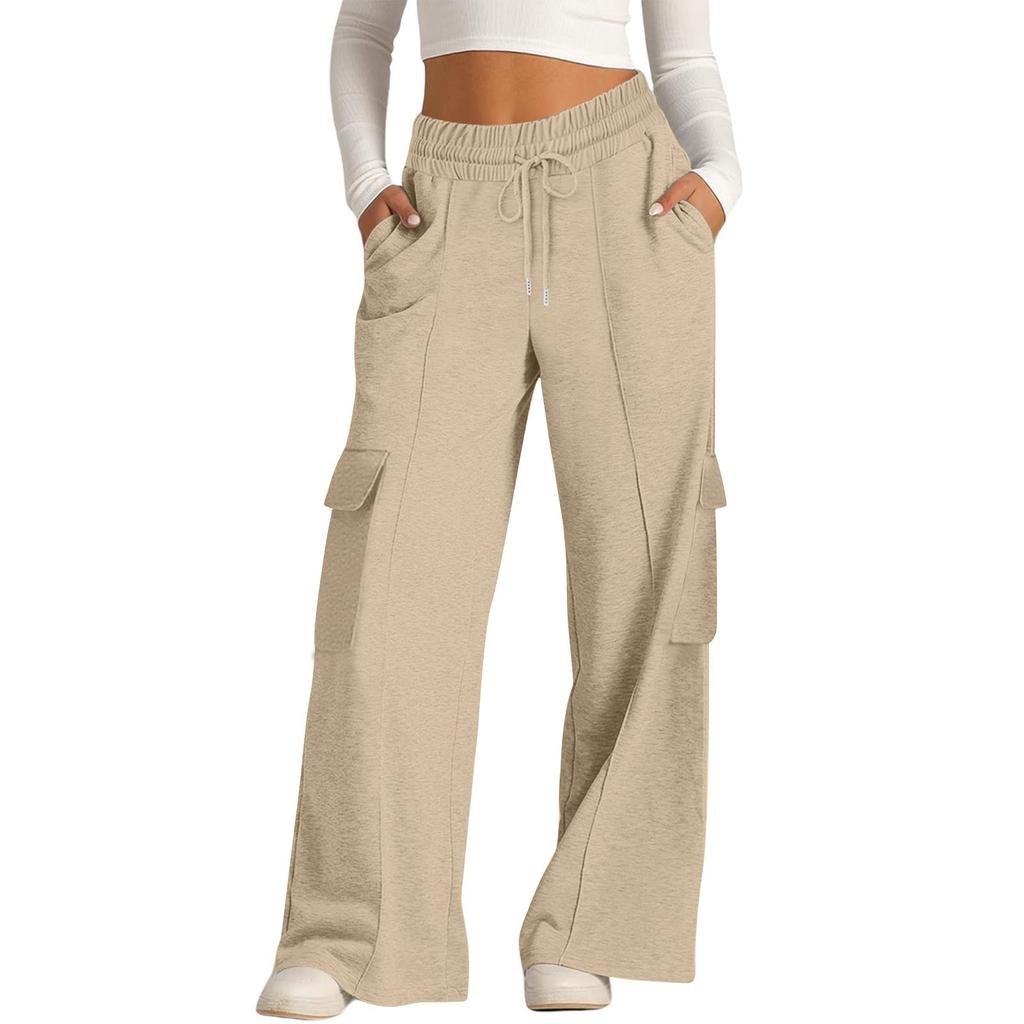 Women's Casual Fashion Solid Color Elastic Waist Drawstring Workwear Wide Leg Pants With Pockets
