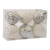 Set of 6 White Plastic Baubles with Embossed Diamond Pattern - 3 Silver-Plated, 3 Glitter, Diameter 6 Cm