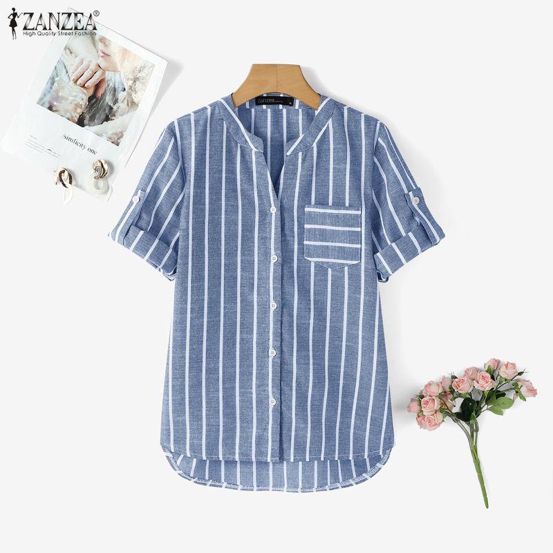 ZANZEA Women Casual V-Neck Short Sleeve Loose Stripe Blouse