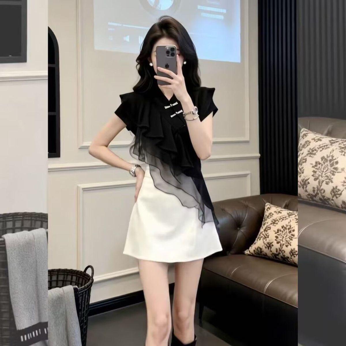 2026 Summer Trendy Women s Color Block Ruffle Slimming Short Skirt in New Chinese Style S (80-100 lbs)