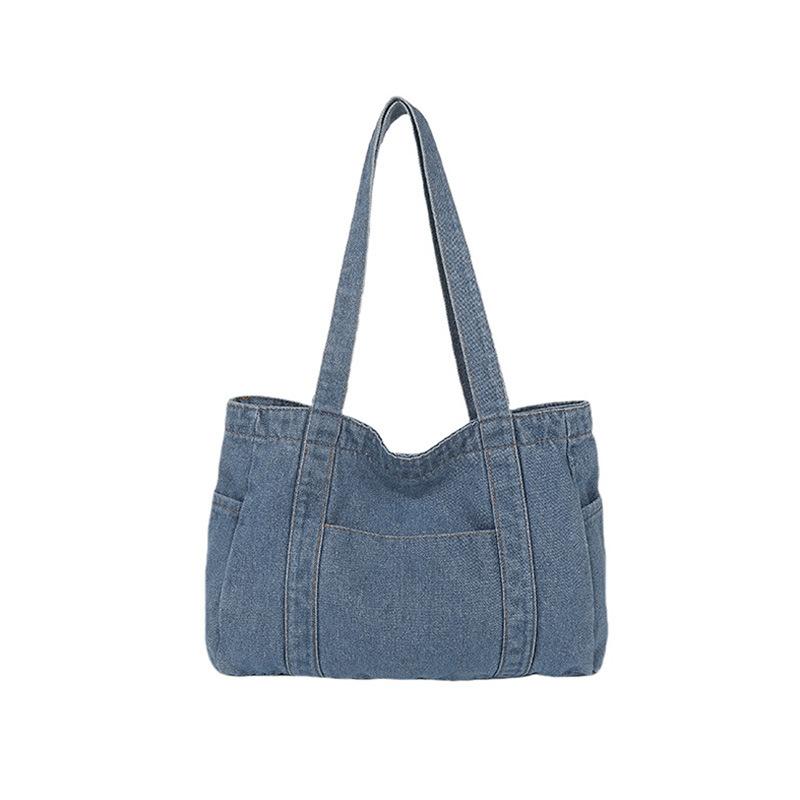 

Вместительная джинсовая сумка, повседневная и универсальная сумка для поездок на учебу и сумка-тоут на одно плечо темно-синий