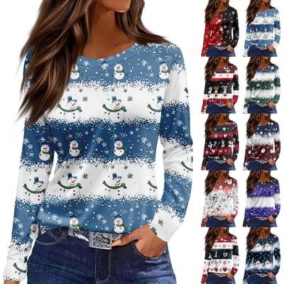 Women's Fashion Casual Slit Hem Round Neck Long Sleeve Loose Christmas Printed T-Shirt Ladies Top