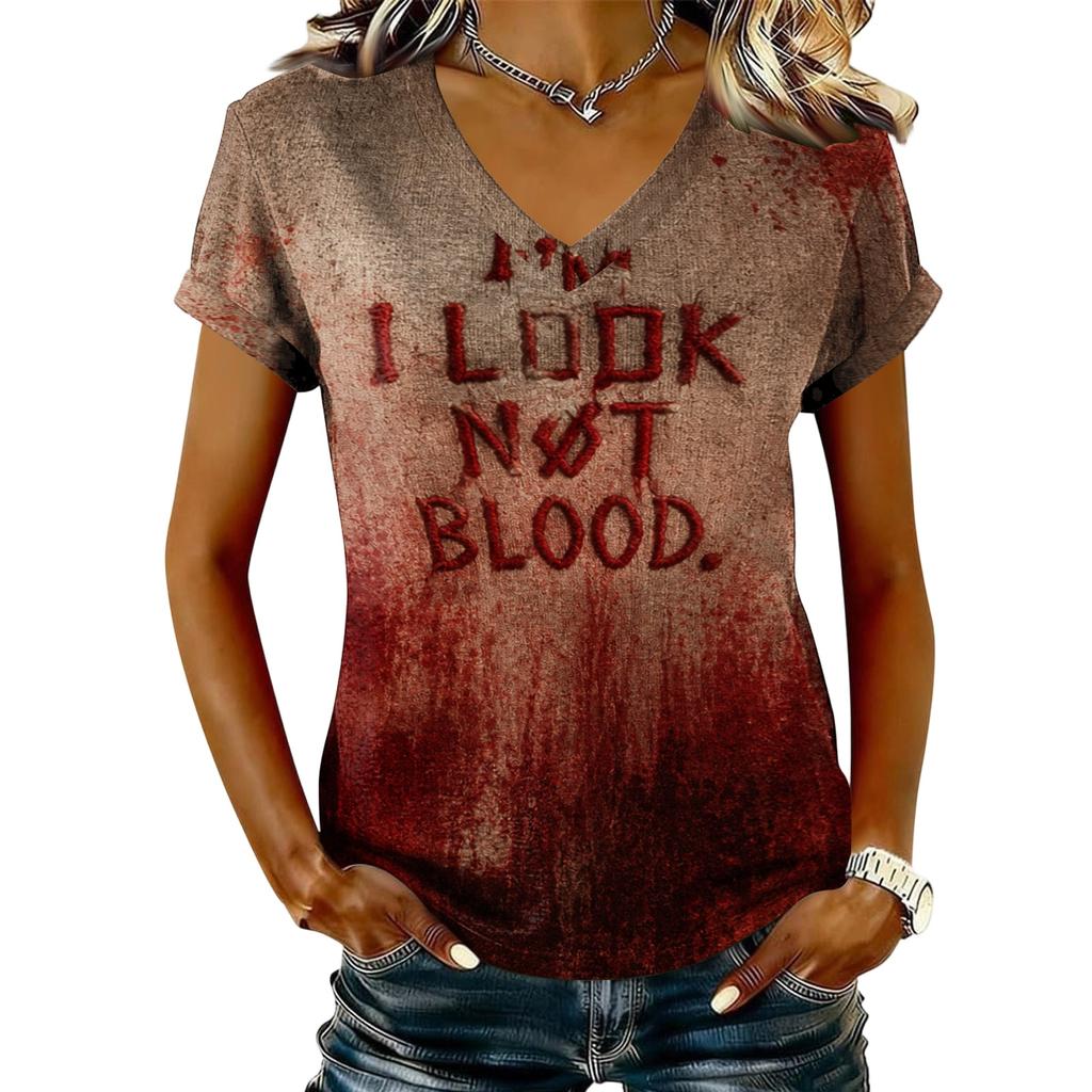 T-shirt décontracté à manches courtes et col en V pour femme avec imprimé Halloween