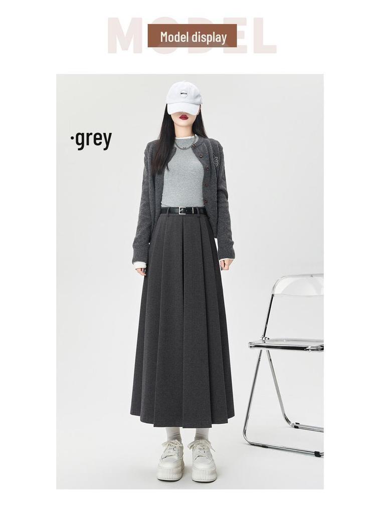 High-Waisted Coffee Wool Skirt for Women, Autumn-Winter Style, Pleated A-Line, Petite Fit, Mid-Length, Perfect Drape