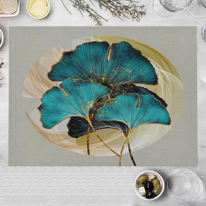 30X45cm Ginkgo Biloba Cotton Linen Kitchen Placemat Nordic Print Coaster Pad Green Leaves Plant Dining Table Mat Bowl Cup Mats 45X30cm-Linen