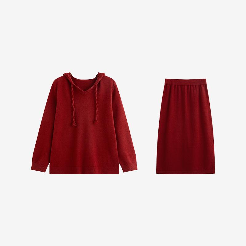 Plus Size V-neck Hooded Sweatshirt & Skirt Two-Piece Set - 2025 Winter Casual Knitwear for Women