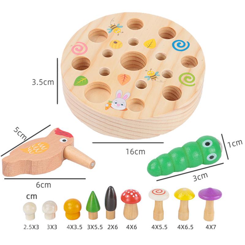 Baby Montessori Games Wooden Toys Picking Mushrooms Catching Bugs Board Early Educational Fine Motor Training Size Matching Game