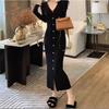 Elegant V-Neck Knit Midi Dress Women Slim Fit Long Sleeve Wrap Front Button Up Winter Office Wear
