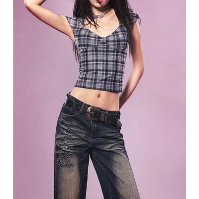 Top American de Vară pentru Femei 2024 Decupat la Spate cu Cupă pentru Sân Tricou Simplu Șic pentru Fete Y2k Modă Sexy Casual Roșu Negru Carouri