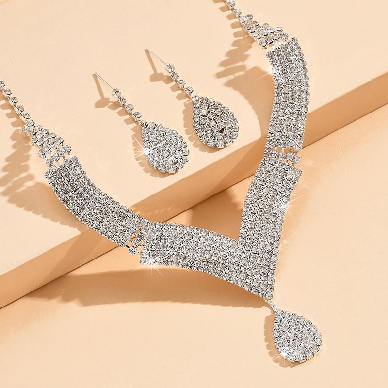 2Pcs Fashionable Rhinestones Necklaces Earrings Jewelry Set Women'S Wedding Accessories Gift