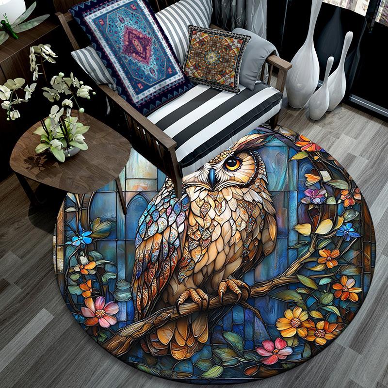 Owls and Flowers Round Area Rug,Carpet Rug for Living Room Bedroom Sofa Playroom Decor,Non-slip Floor Mat
