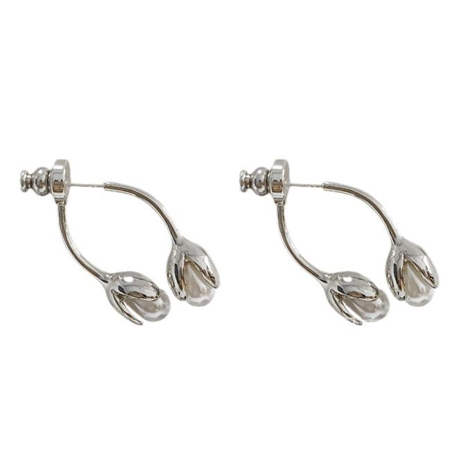 Elegant Spring French Retro Pearl Bud Earrings: Unique Front and Back Wearable Flower Design