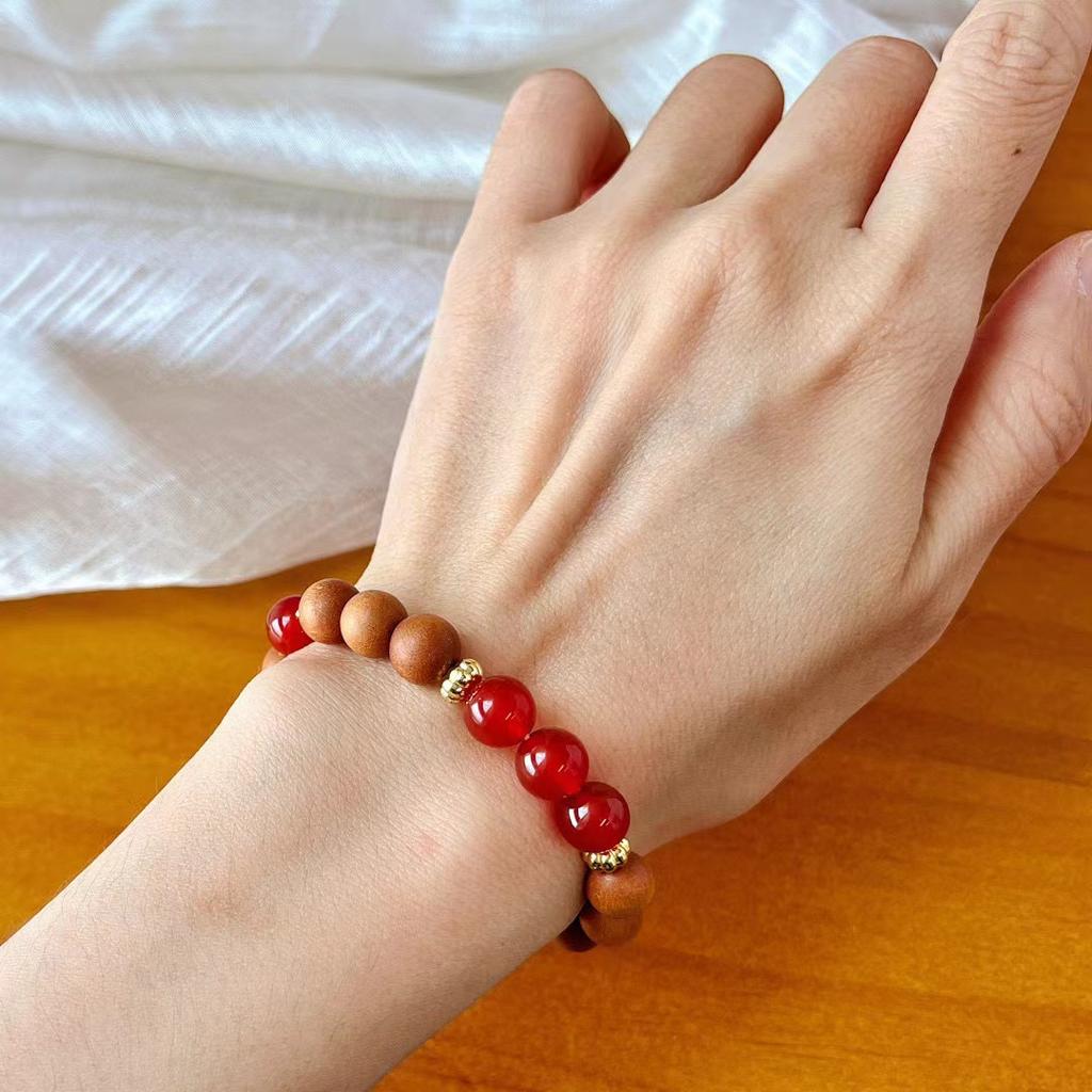 Retro Natural Chalcedony Agate Sandalwood Bracelet Literary Fan Beaded Bracelet Maillard Style