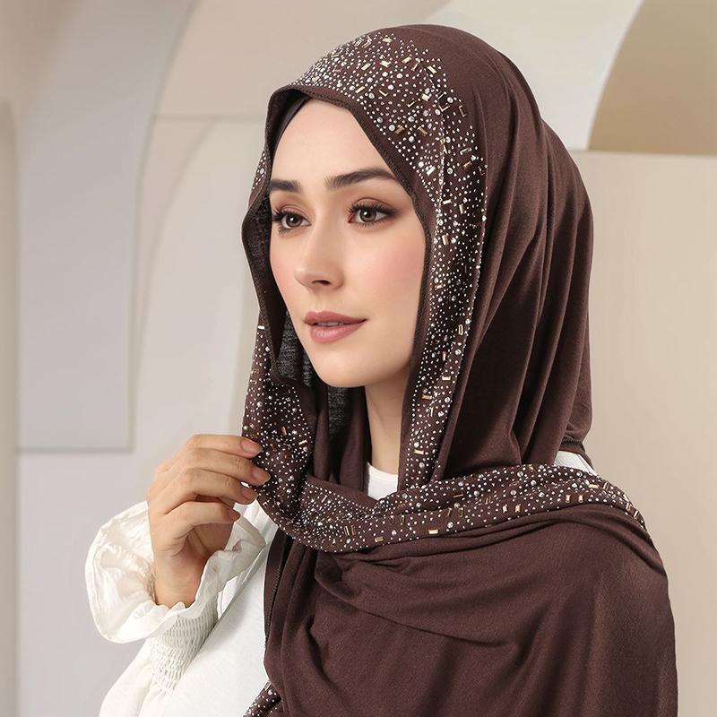 Ramadan Muslimischer Schimmer Strass Jersey Baumwolle Hijab Schal für Damen Einfacher Kopfschal Schal Wickeltuch Islamisches Stirnband Turban Bandana