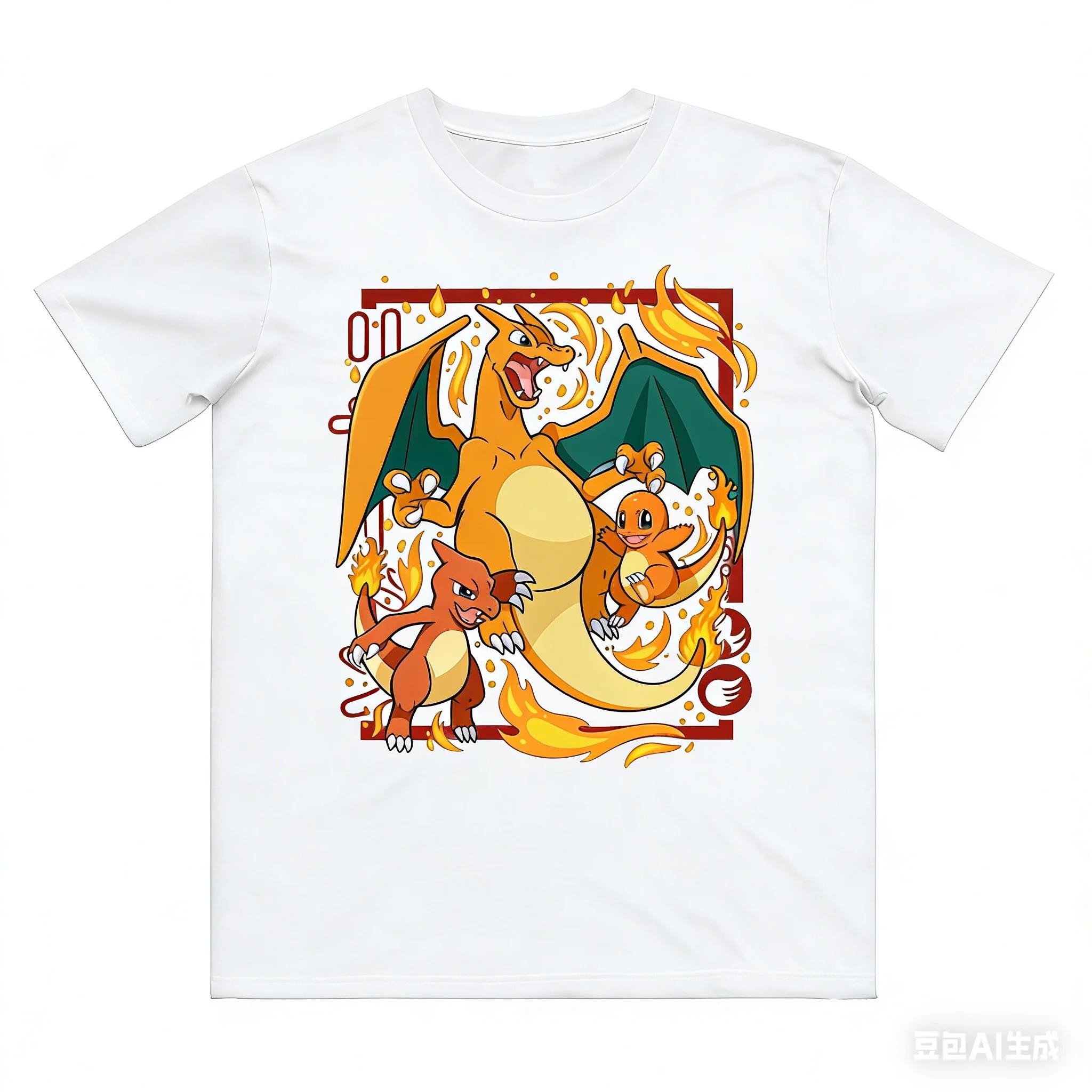 Pokemon Charmander Evolution Pure Cotton Tshirt Short Sleeve Men Women Spring Summer Fashion Casual Shirt S