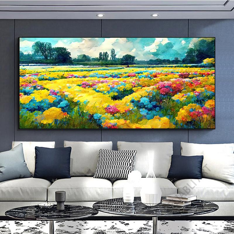 Abstract Colorful Flower Field Canvas Painting Printed On Canvas Floral Landscape Posters and Prints for Living Room Wall Decor