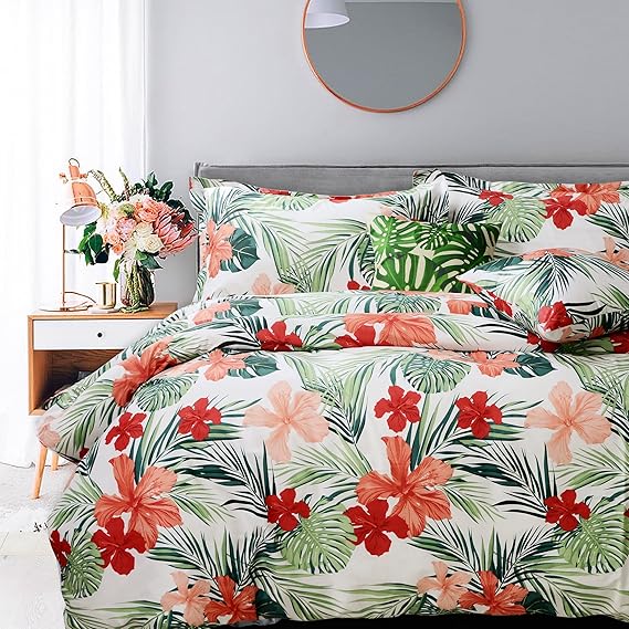 

Tropical Hibiscus Palm Leaves Duvet Cover Set - Soft Summer Cotton Bedding with Hidden Zipper красный