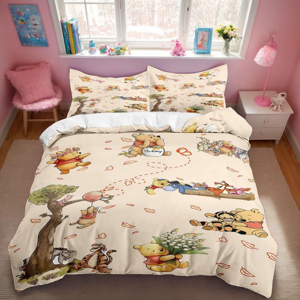 Cartoon Winnie Pooh Bear Tiger Bedding Sets Set,Anime Duvet Cover Bed Comforter Set Bedding Set Birthday Gift for Kid Boys Girls